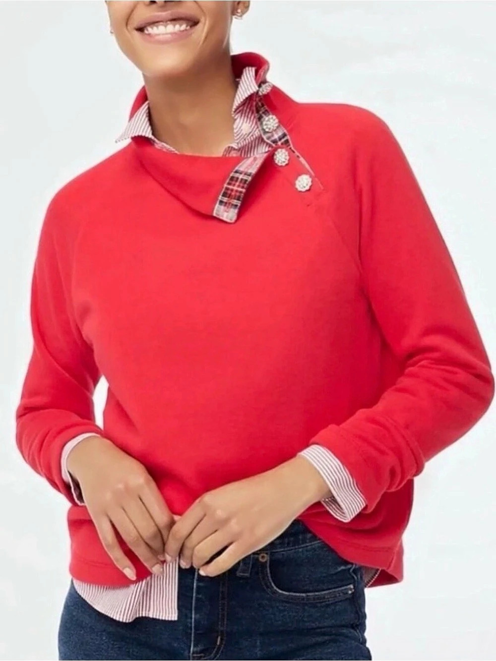J.Crew Tartan wide jeweled button-neck pullover sweatshirt Tartan Jeweled